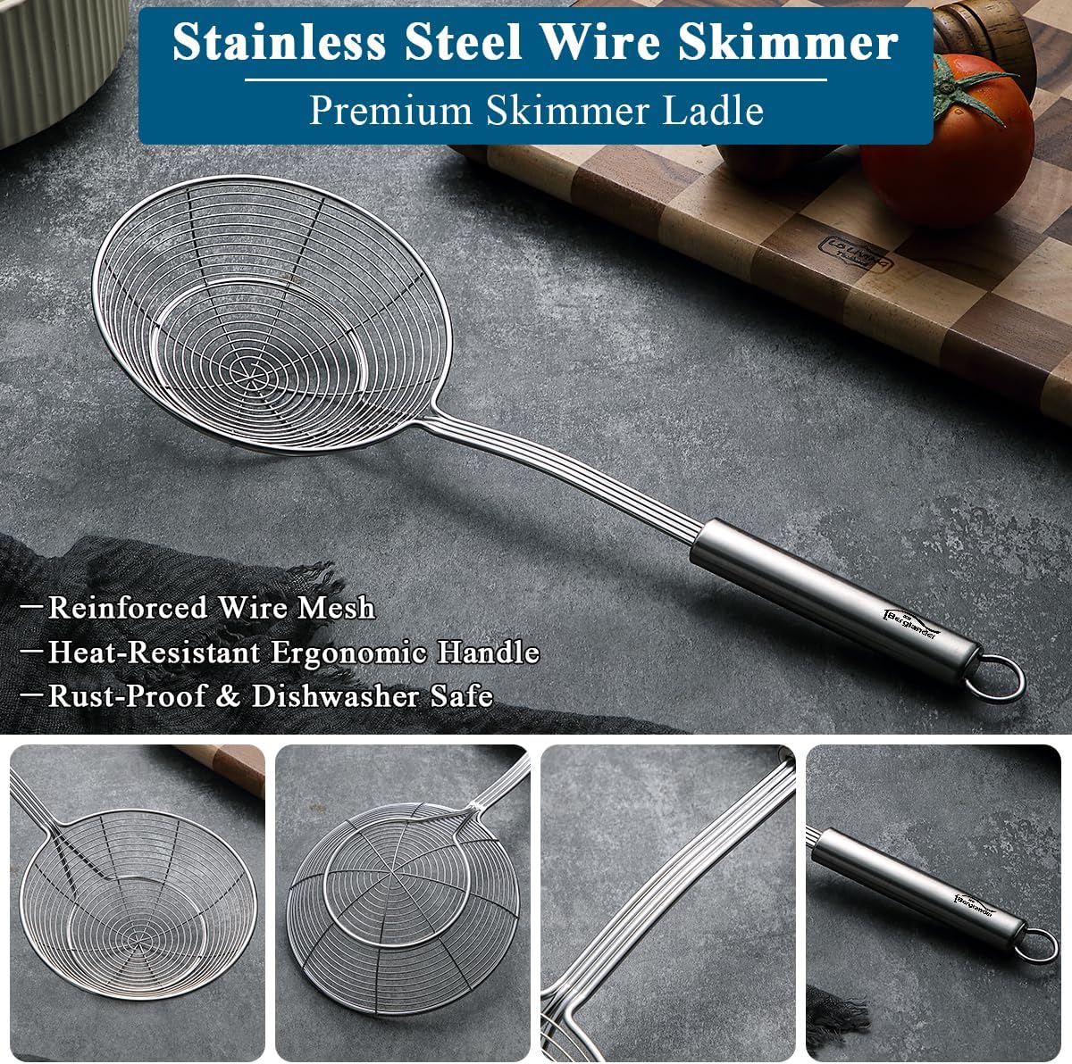 Berglander Spider Strainer Skimmer Ladle 2 Pieces, Stainless Steel Kitchen Skimmer Slotted Spoons for for Straining Pasta/Cooking/Frying, Kitchen Utensils Wire Strainer Pasta Spoon