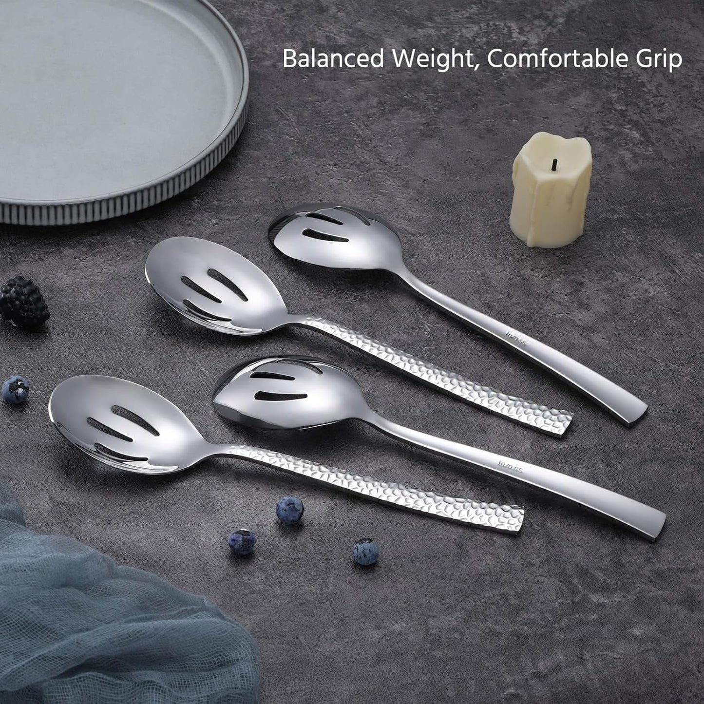 E-far Hammered Slotted Serving Spoons, 4-Piece Stainless Steel Tablespoons Hostess Serving Utensils Set for Catering Buffet Party Wedding Kitchen Restaurant, Dishwasher Safe