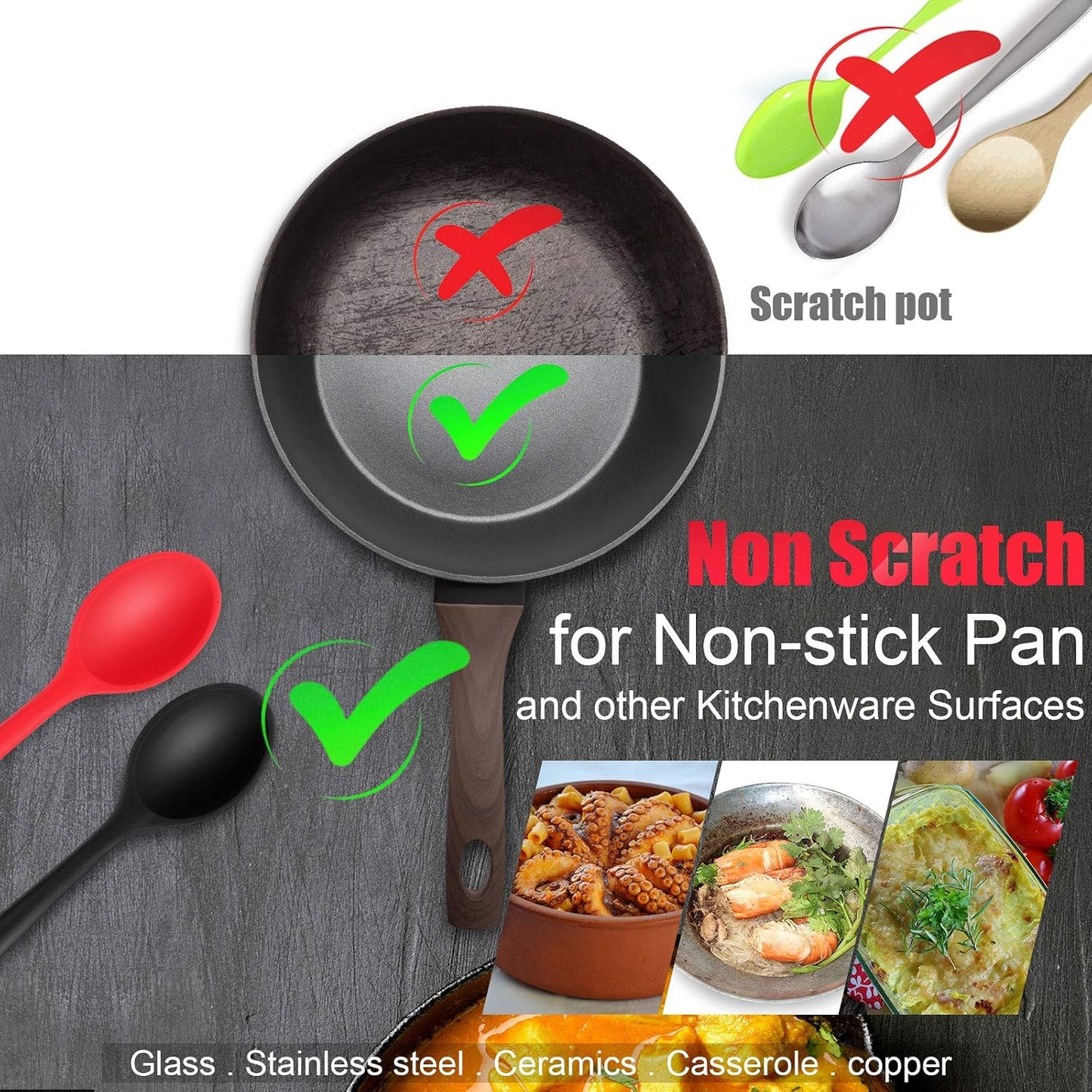 Boao 4 Pcs Silicone Cooking Spoons 10.6 Inch Slotted Nonstick, Black