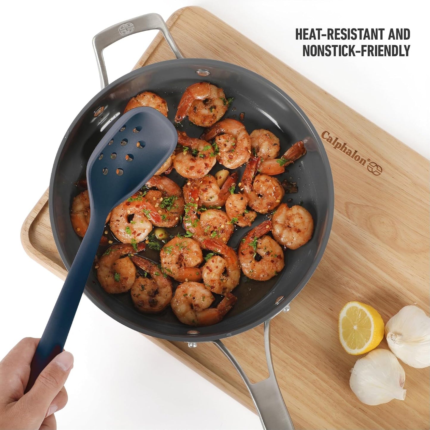 Calphalon Edge Silicone Slotted Spoon/Skimmer, Flexible Heat-Resistant Kitchen Strainer Spoon for Cooking, Frying, Skimming & Serving, Nonstick Safe, Navy Blue