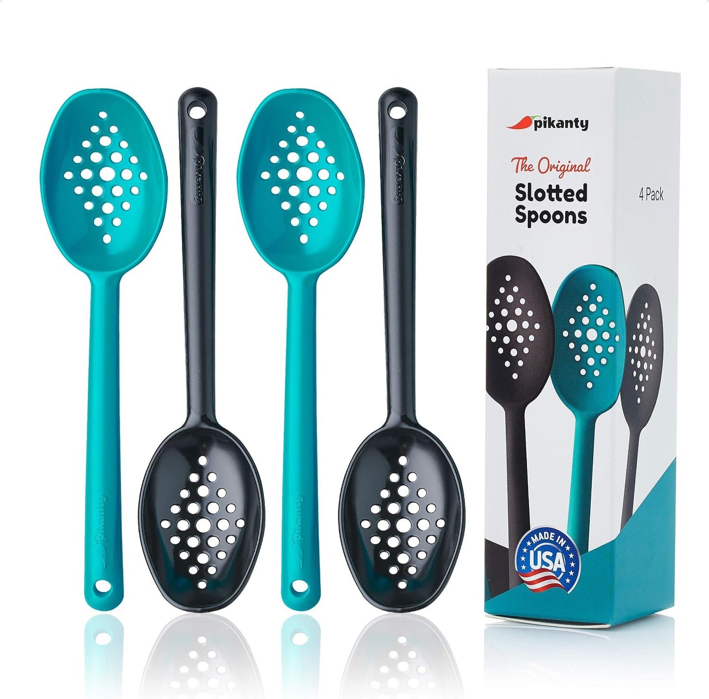 Olive and Pickle Spoon Set of 4, 7-Inch Small Slotted Serving Utensils for Jars, Teal and Black, Perfect for Olives, Pickles, Capers, Pepperoncini, Cherries, Dishwasher Safe, Made in USA by Pikanty