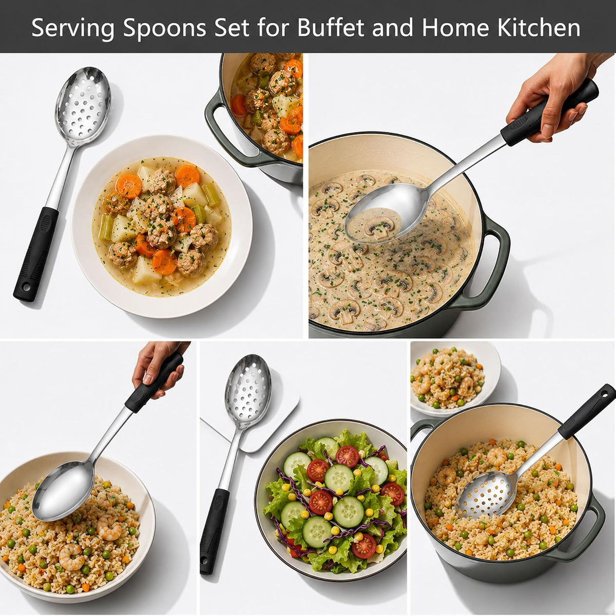 Serving Spoons Set, Large Serving Spoons with Silicone Handles