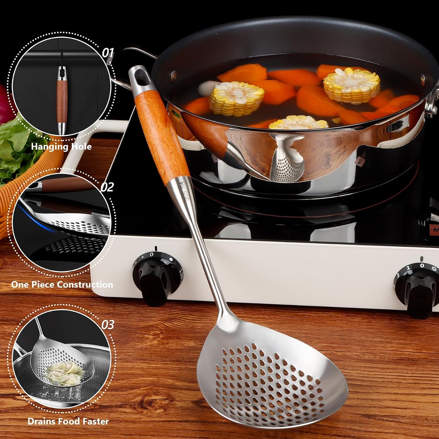 Skimmer Slotted Spoon, 304 Stainless Steel Spider Strainer Skimmer Ladle Spoon for Cooking and Frying, Pasta Strainer Spoon for Draining, 4.3 Inch
