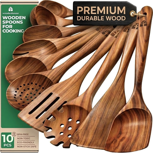 Wooden Spoons for Cooking, 10 Pcs Teak Wood Utensil Set for Nonstick
