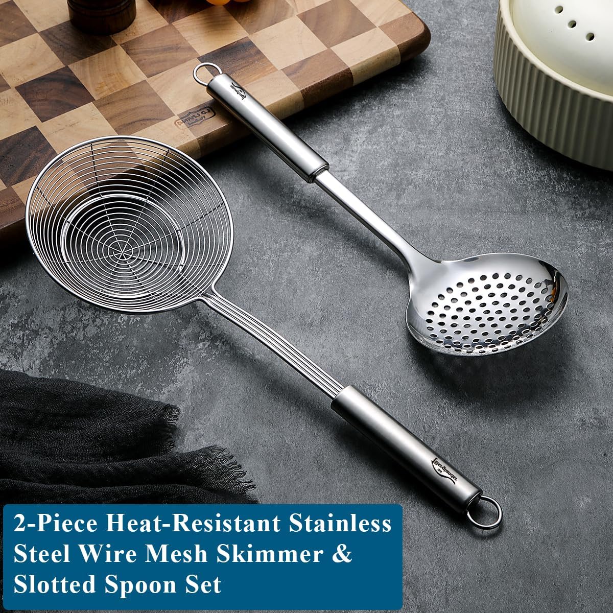 Berglander Spider Strainer Skimmer Ladle 2 Pieces, Stainless Steel Kitchen Skimmer Slotted Spoons for for Straining Pasta/Cooking/Frying, Kitchen Utensils Wire Strainer Pasta Spoon