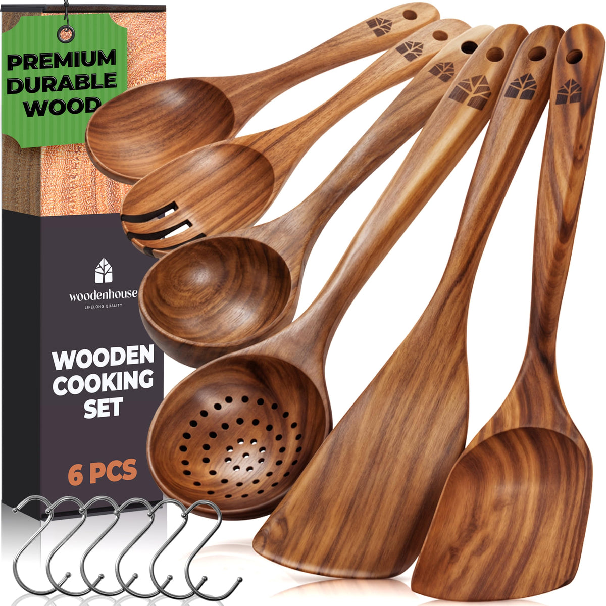 Wooden Utensil Set, 8 Pcs Teak Wooden Spoons for Cooking with Holder