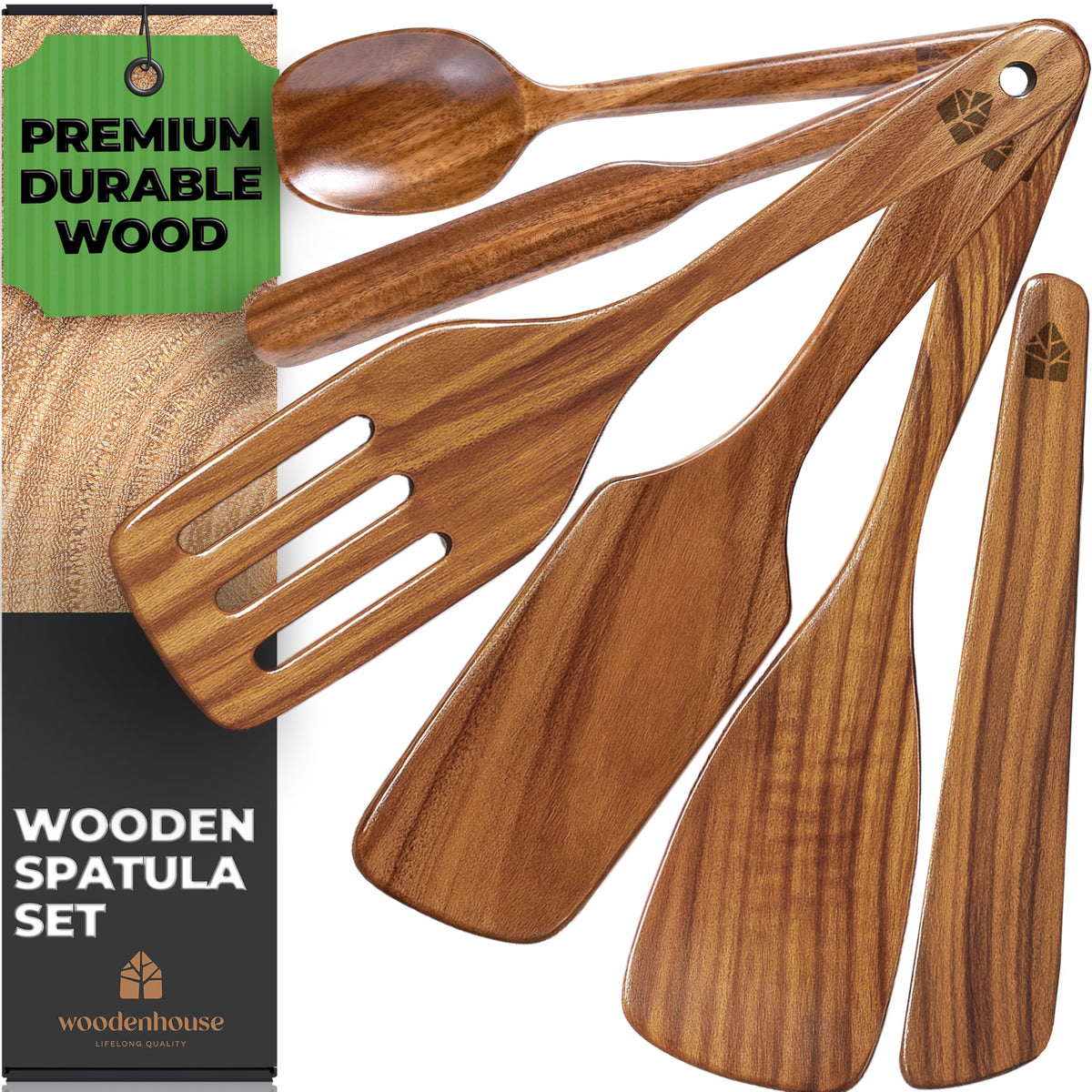 Wooden Spatula for Cooking, Teak Wood Set of 4 for Non Stick Frying Pan