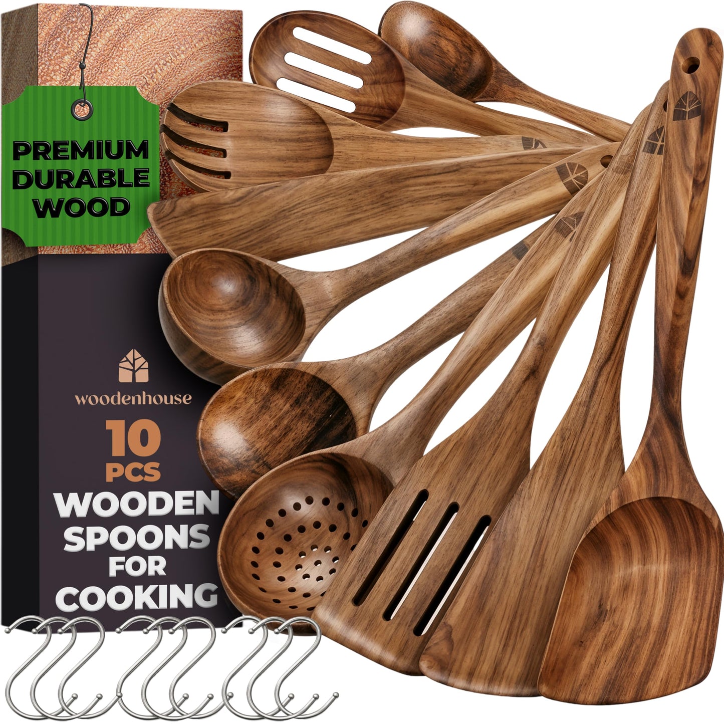 Wooden Utensil Set, 8 Pcs Teak Wooden Spoons for Cooking with Holder