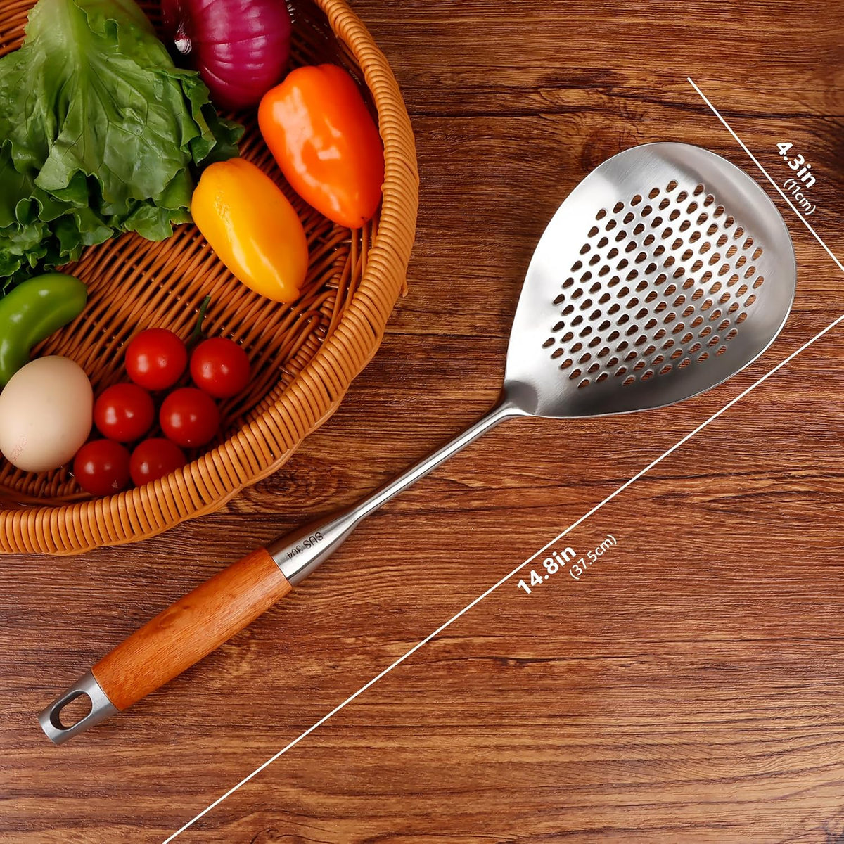 Skimmer Slotted Spoon, 304 Stainless Steel Spider Strainer Skimmer Ladle Spoon for Cooking and Frying, Pasta Strainer Spoon for Draining, 4.3 Inch