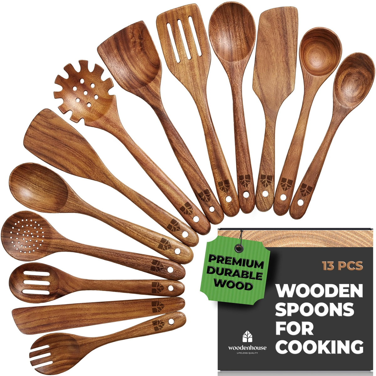Wooden Spoons for Cooking, 10 Pcs Teak Wood Utensil Set for Nonstick