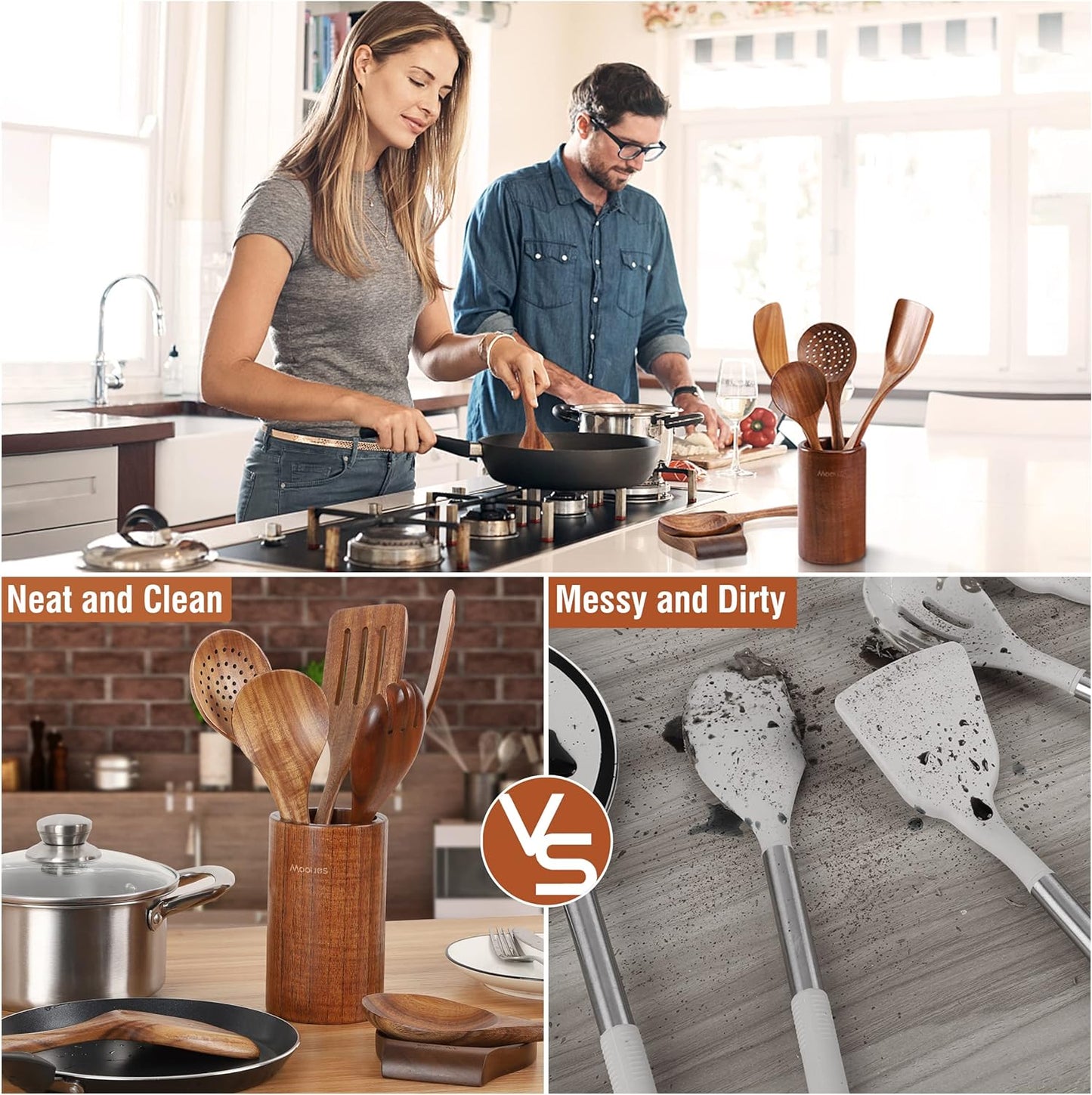 Mooues Wooden Kitchen Utensil Set, 9 Piece Natural Teak with Spoon Rest