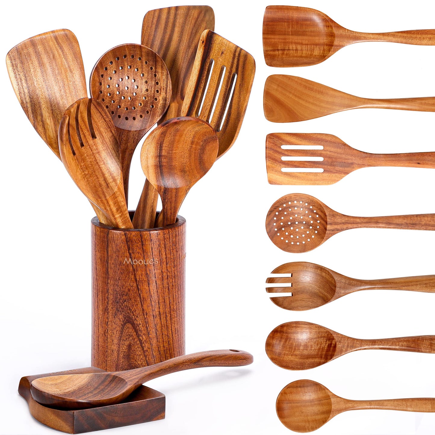 Mooues Wooden Kitchen Utensil Set, 9 Piece Natural Teak with Spoon Rest