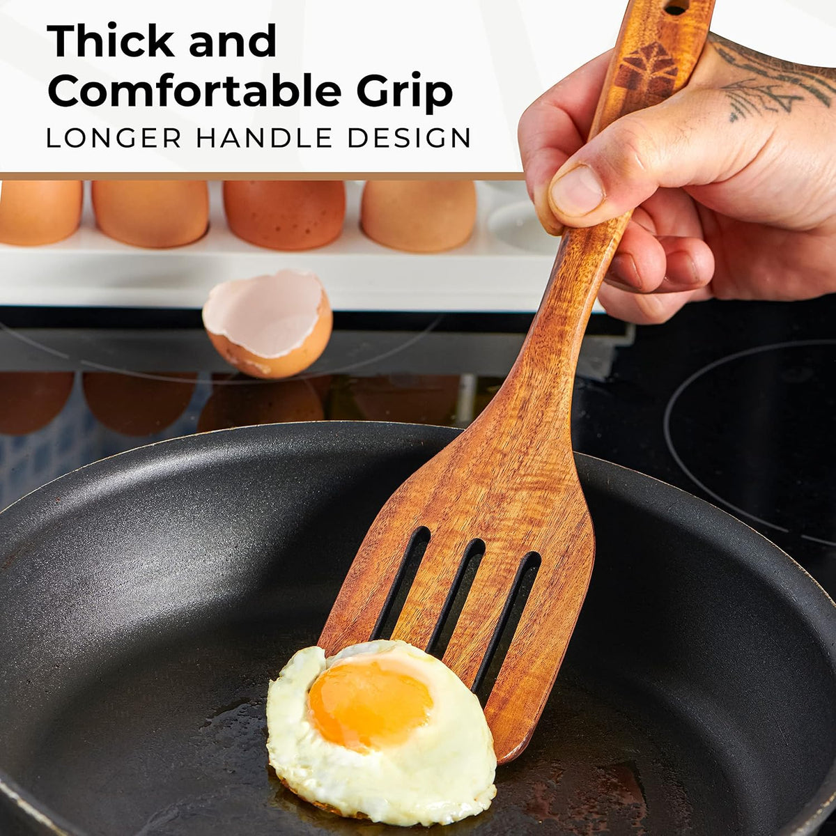 Wooden Spatula for Cooking, Teak Wood Set of 4 for Non Stick Frying Pan