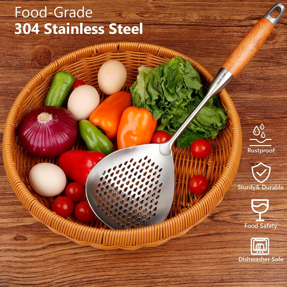 Skimmer Slotted Spoon, 304 Stainless Steel Spider Strainer Skimmer Ladle Spoon for Cooking and Frying, Pasta Strainer Spoon for Draining, 4.3 Inch