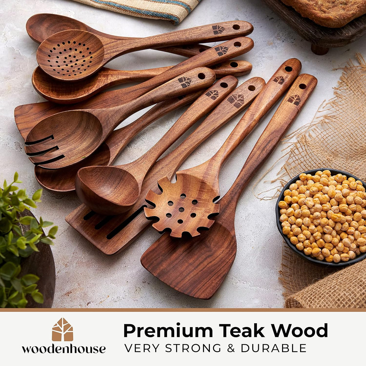 Wooden Spoons for Cooking, 10 Pcs Teak Wood Utensil Set for Nonstick